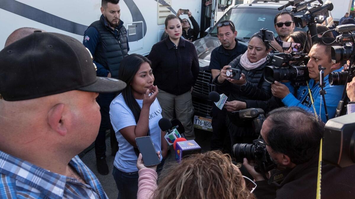 Yalitza Aparicio speaks to the press in Tijuana last month after her Oscar nomination was announced.