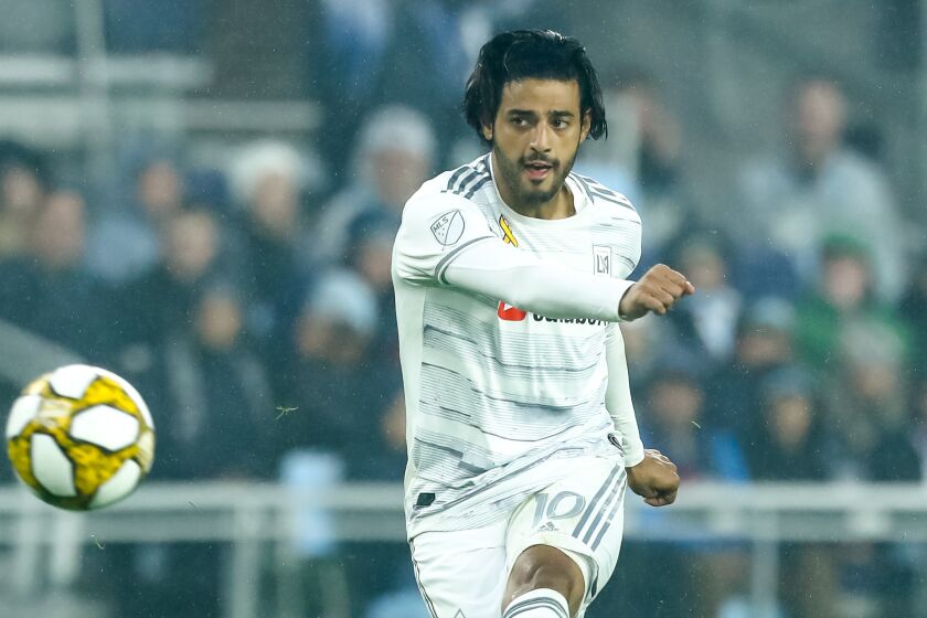 ST. PAUL, MINNESOTA - SEPTEMBER 29: Carlos Vela #10 of Los Angeles FC shoots the ball against Minnesota United in the first half of the game at Allianz Field on September 29, 2019 in St. Paul, Minnesota. (Photo by David Berding/Getty Images)