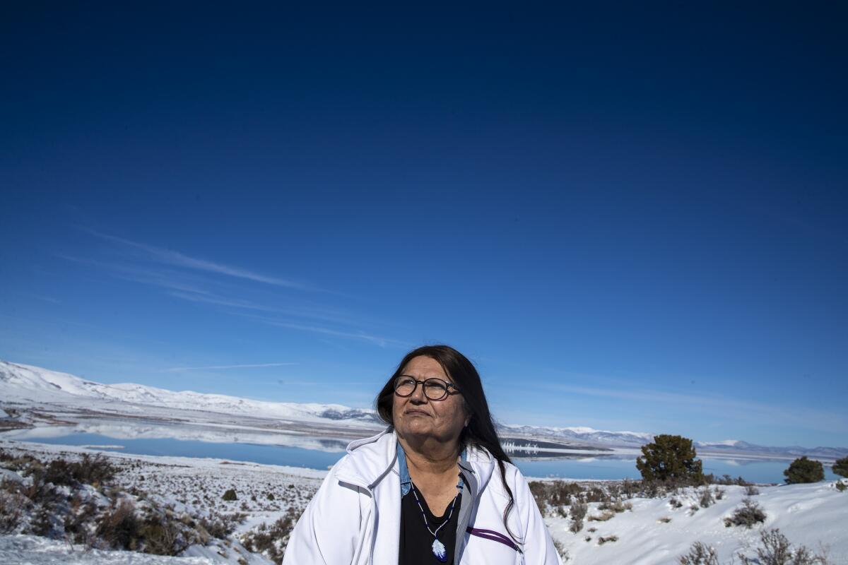 A woman sits in front of a wide view of Mono Lake.