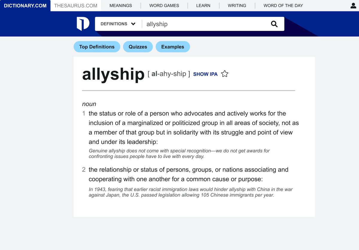 This screen image released by Dictionary.com shows an entry for allyship, named Dictionary.com's word of the year. (Dictionary.com via AP)