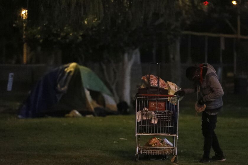 NORTH HOLLYWOOD, CA - JANUARY 21, 2020 - A homeless person stands with his belongings on the first night of the 2020 LA County homeless count in North Hollywood Park in North Hollywood on January 21, 2020. On Tuesday, volunteers focused on the San Gabriel and San Fernando valleys. Other swaths of the region, such as the South Bay and Antelope Valley, will be covered Wednesday and Thursday.. The homeless count is overseen by the Los Angeles Homeless Services Authority (LAHSA) The volunteers will canvas more than 80 cities and 200 communities across L.A. County over three days to count the number of homeless people living on the streets, according to the LAHSA. Last year's count found that nearly 59,000 people were experiencing homelessness countywide, an increase of 12% from 2018. (Genaro Molina / Los Angeles Times)