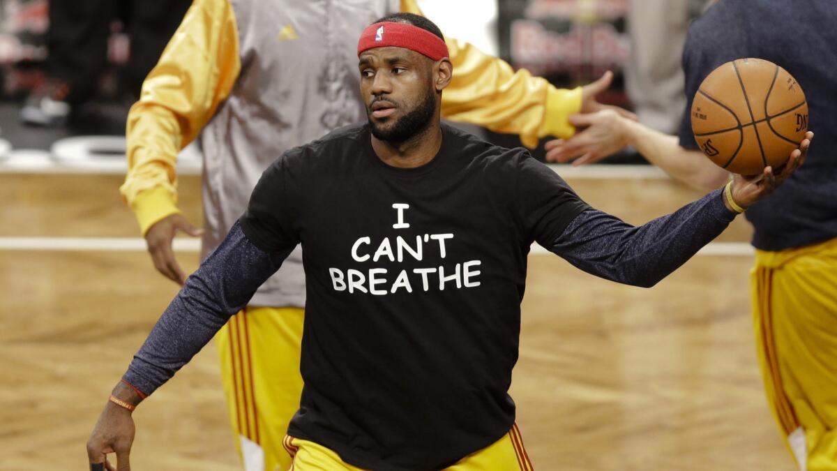 LeBron James' "I Can't Breathe" T-shirt, worn during a game warm-up in 2014, protested the death of Eric Garner, who died after being placed in a chokehold by N.Y. police.