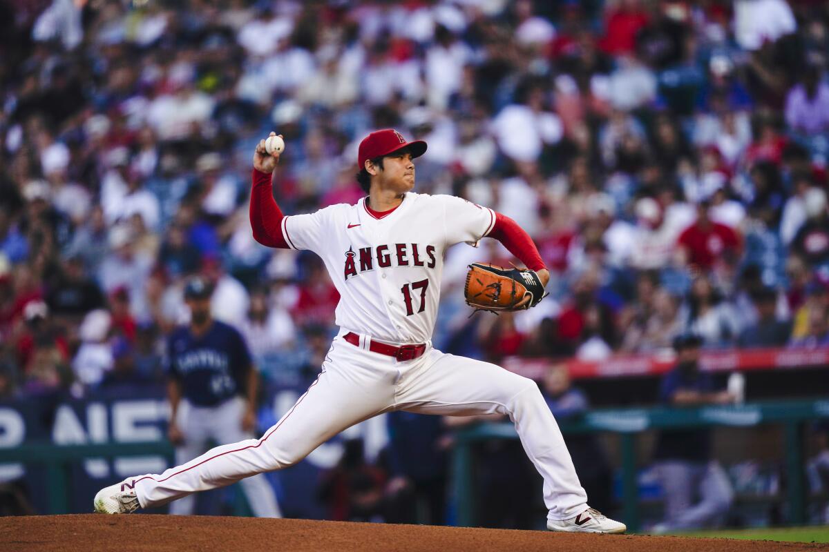 Angels pitcher Shohei Ohtani delivers during the first inning against the Seattle Mariners.
