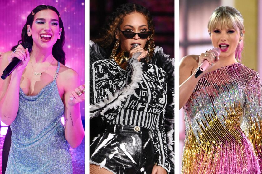 2021 Grammy Award nominees are likely to be dominated by female contenders (L-R) Dua Lipa, Beyonce and Taylor Swift.