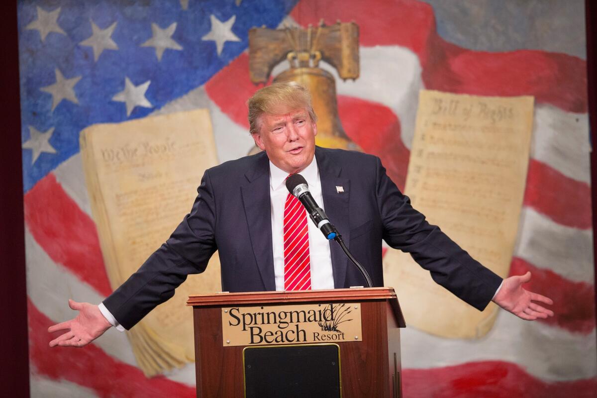 Republican presidential candidate Donald Trump speaks at the South Carolina tea party convention Saturday in Myrtle Beach, S.C.