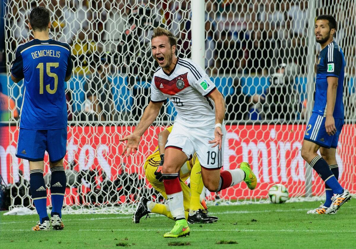 RIO DE JANEIRO, BRAZIL - JULY 13: Mario Goetze of Germany celebrates scoring his team's first goal during the 2014 FIFA World Cup Brazil Final match between Germany and Argentina at Maracana on July 13, 2014 in Rio de Janeiro, Brazil.