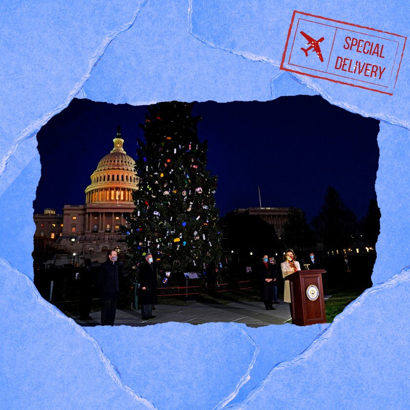 An illustration of someone at a podium in front of a large Christmas tree, with the U.S. Capitol in the background