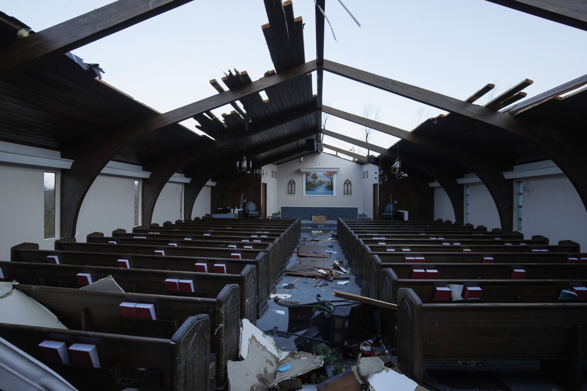Interior view of tornado damage to a church.