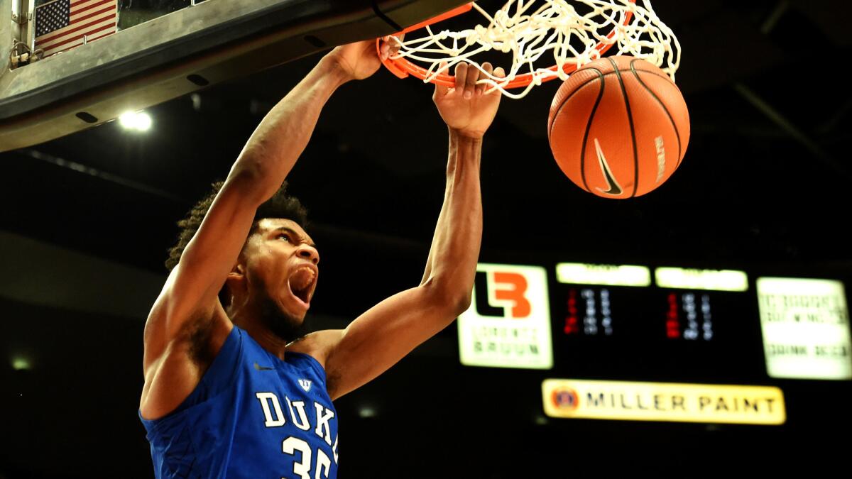 Duke forward Marvin Bagley III dunks against Texas late in the game Friday.