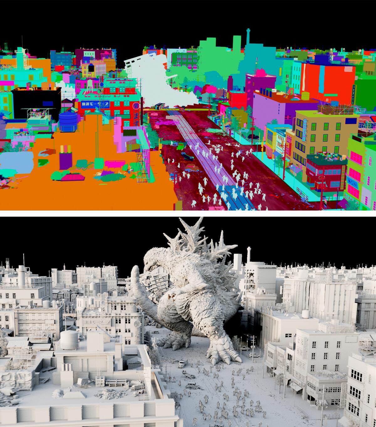 An early concept of Godzilla terrorizing the city, followed by an "after" image showing the concept in model form. 