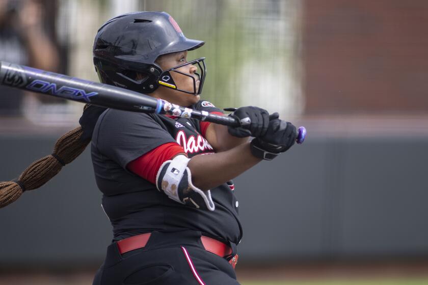Jacksonville State pitcher Alexus Jimmerson (22) gets the game-winning RBI on a sac fly during an NCAA softball game against Southeast Missouri State on Sunday, May 9, 2021, in Jacksonville, Ala. (AP Photo/Vasha Hunt)