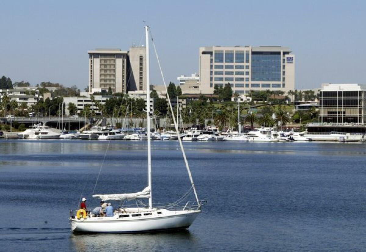 The Hoag Memorial Hospital Presbyterian complex in Newport Beach, shown from the Via Lido Bridge. The hospital has the feel of a hotel, with most suites having views of the ocean and the mountains. It also has a valet.