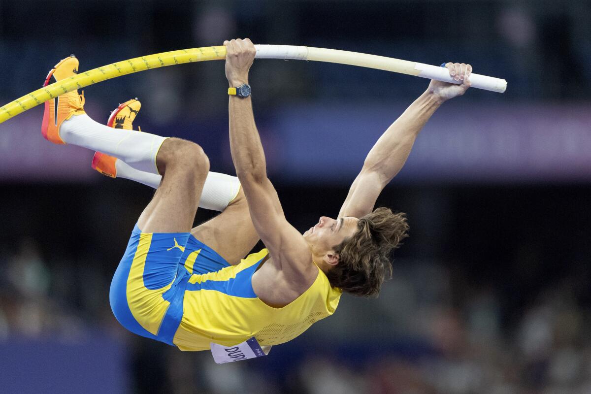 Armand "Mondo" Duplantis vaults after securing gold at the Paris Olympic Games on Monday.