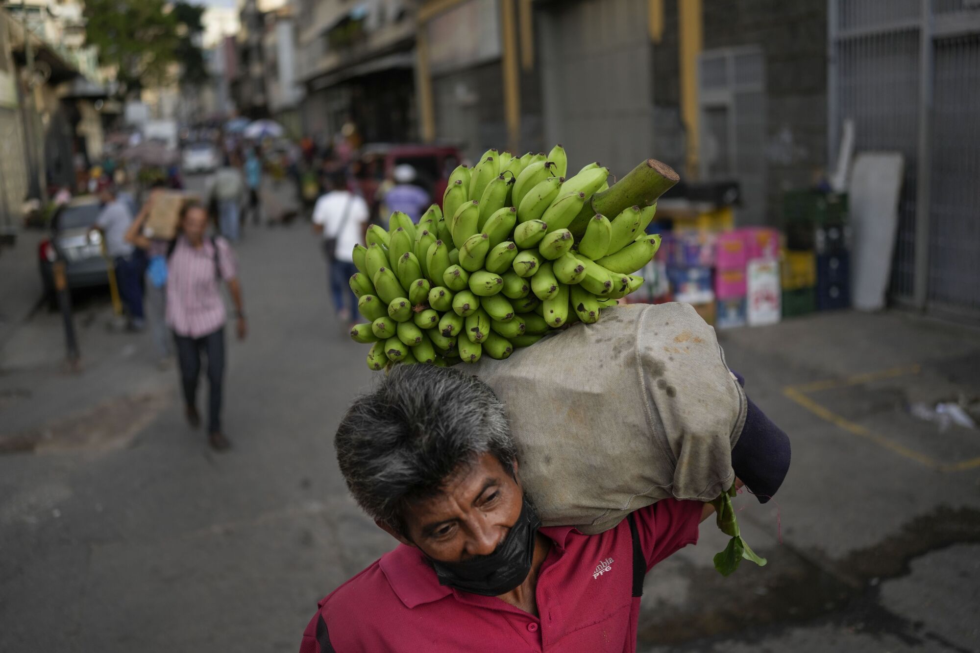 A man carries a bundle of bananas.