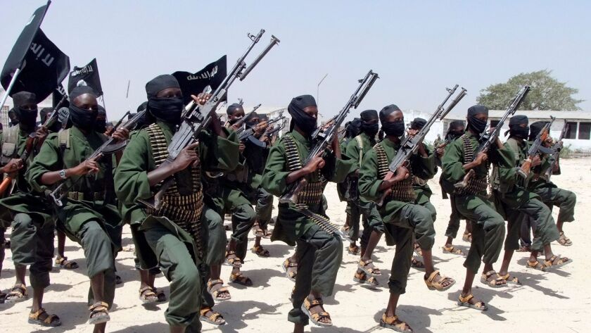 Shabab fighters train in the Lafofe area of Somalia in February 2011.