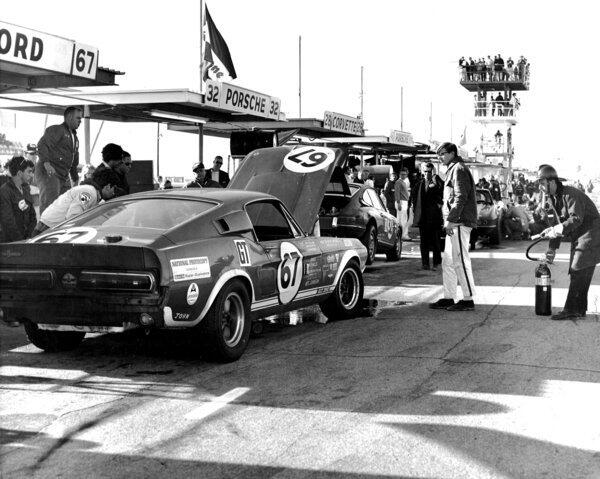 The Shelby GT-350 Mustang of drivers Hugh Kleinpeter, Ray Mummery and Bruce Hollander sits on the pit road prior to the running of the 24 Hours of Daytona at Daytona International Speedway in Florida.