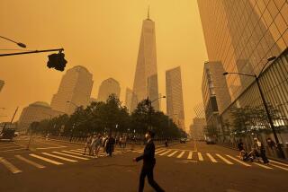 Pedestrians pass the One World Trade Center, center, amidst a smokey haze from wildfires in Canada, Wednesday, June 7, 2023, in New York. (AP Photo/Julie Jacobson)