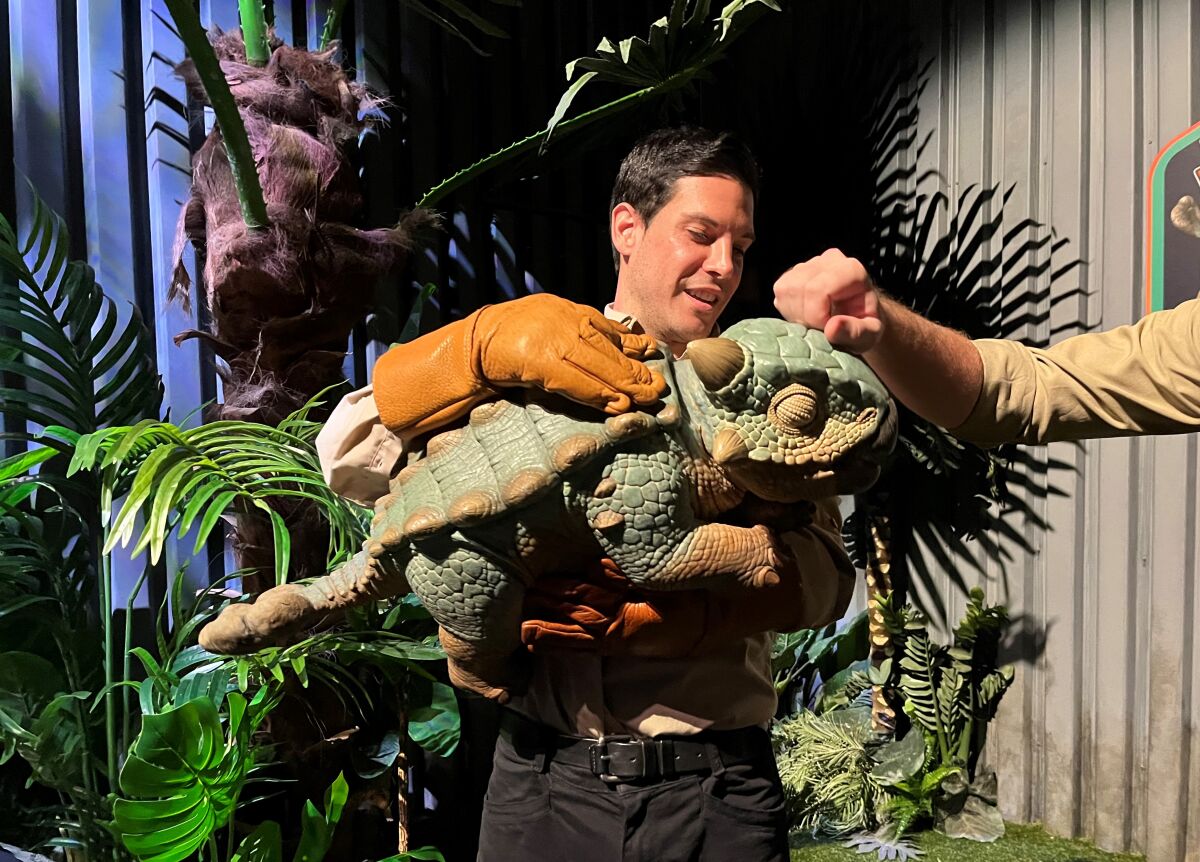 Dinosaur handler Adam Daniel holds Bumpy, a baby Ankylosaurus in Jurassic World: The Exhibition.