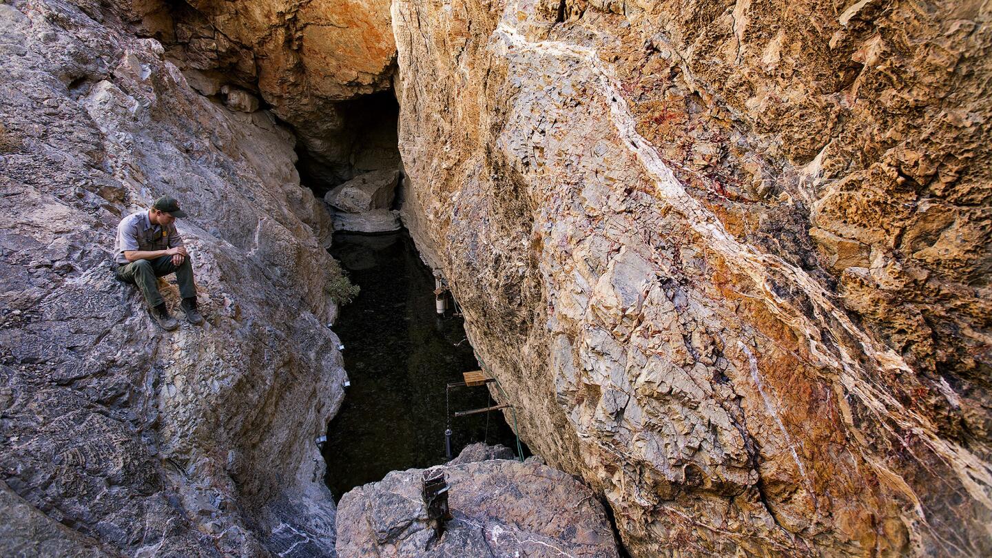 Biologist Daniel Bailey Gaines sits above Devils Hole, the natural habitat of the Devils Hole pupfish. About 100 still live in the pool; another 29 are being raised in captivity.