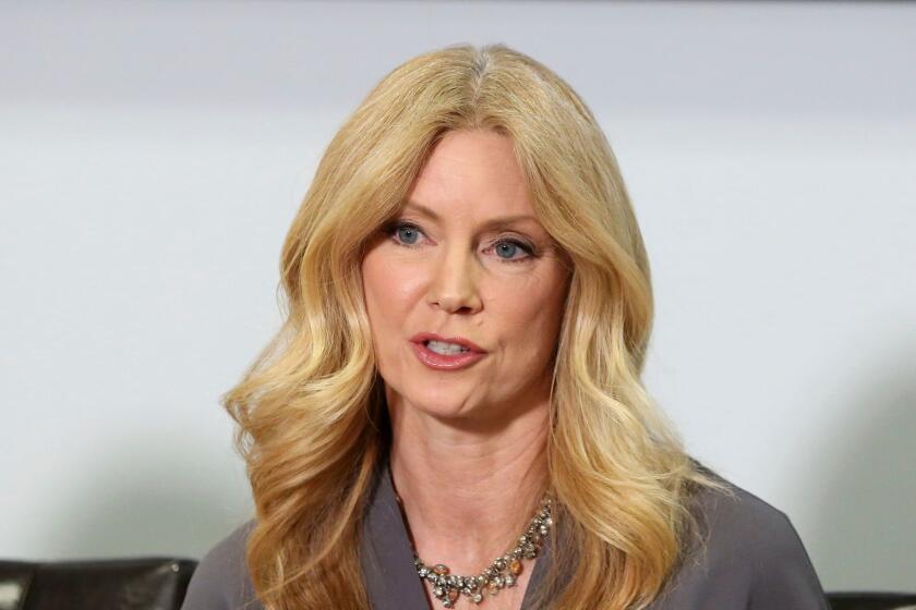 Former Fox News contributor Wendy Walsh appears at a news conference in the Woodland Hills section of Los Angeles on Monday, April 3, 2017. Walsh says she lost a segment on "The O'Reilly Factor" after she refused to go to host Bill O'Reilly's bedroom following a 2013 dinner in Los Angeles. She's seeking an investigation by New York City's Commission on Human Rights. (AP Photo/Anthony McCartney)