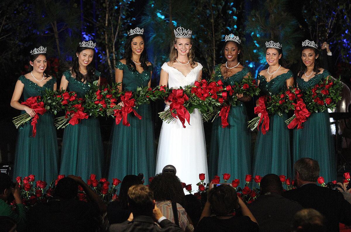 The 2016 Royal Court with Rose Queen Erika Winter at the center at the announcement and coronation of the 98th Rose Queen and presentation of the 2016 Royal Court at the Pasadena Convention Center in Pasadena on Thursday, October 22, 2015. Flintridge Prep's Erika Winter was announced the Rose Queen.
