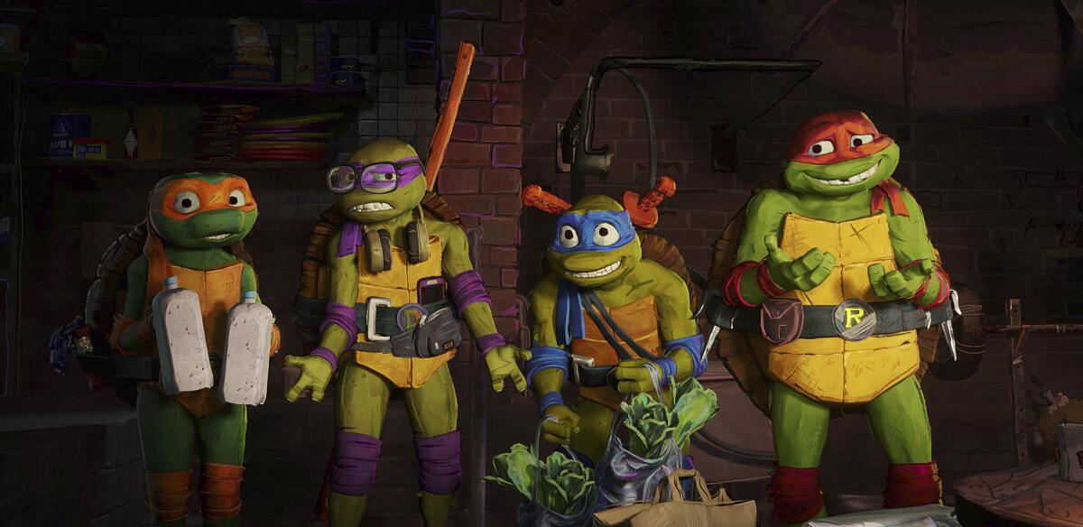 Animation: Four turtles (who happen to be teens, and mutants, and ninjas) coming home with groceries.