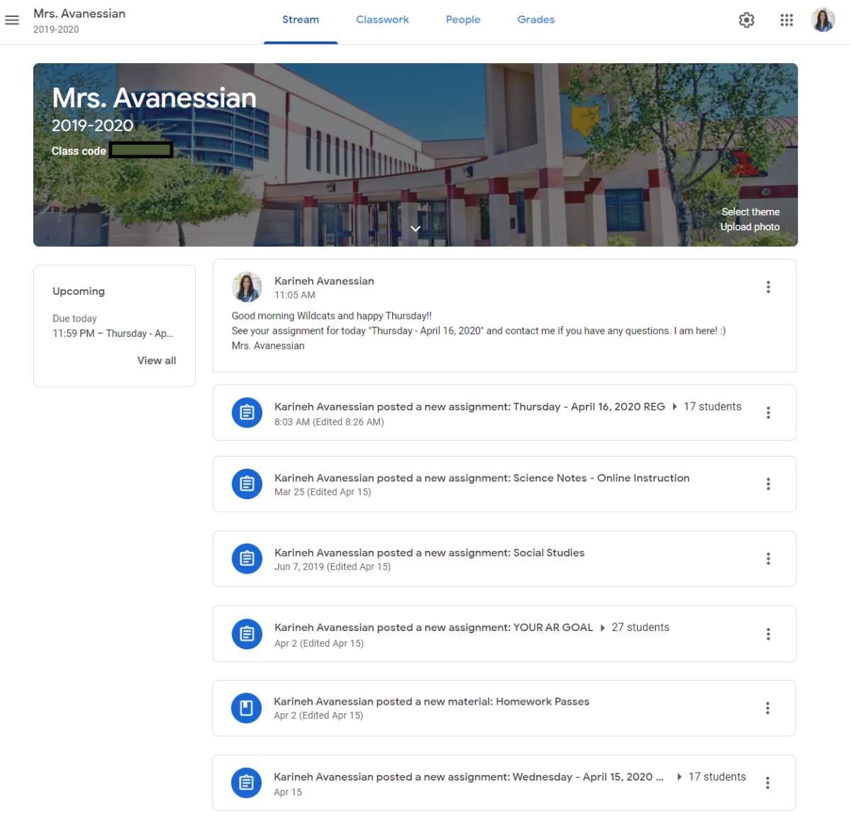A screenshot of Karineh Avanessian's Google Classroom main page. Students log in daily to see the assignment for the day and grades for past assignments.