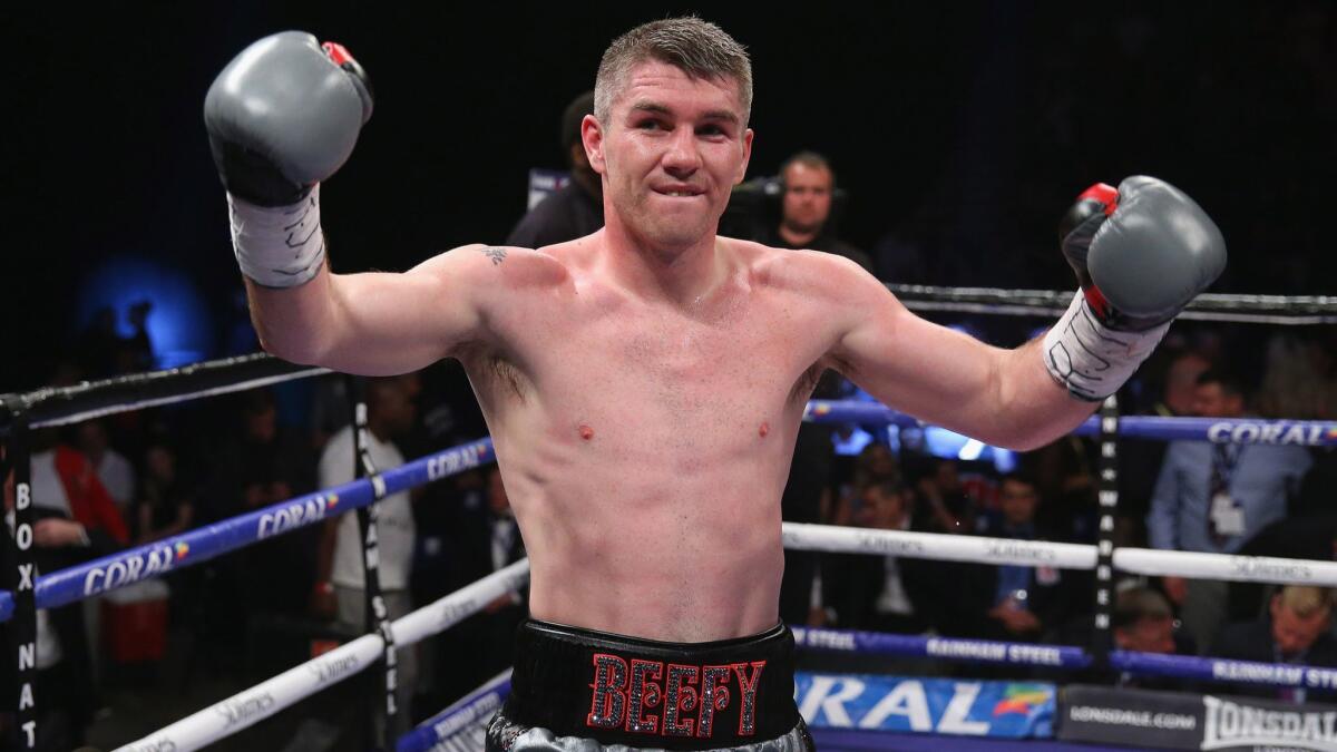 Liam Smith celebrates after his victory over Predrag Radosevic on June 4, 2016, in Liverpool, England.