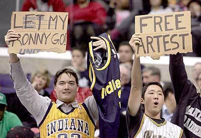 Indiana Pacers fans show their support for suspended player Ron Artest during the game with the Los Angeles Clippers in Los Angeles.