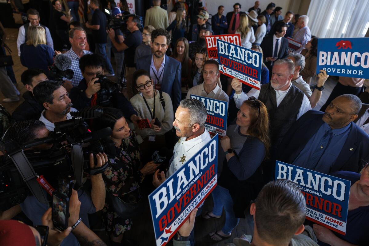 Riverside County Sheriff Chad Bianco spoke with the press after announcing a bid for the governor.