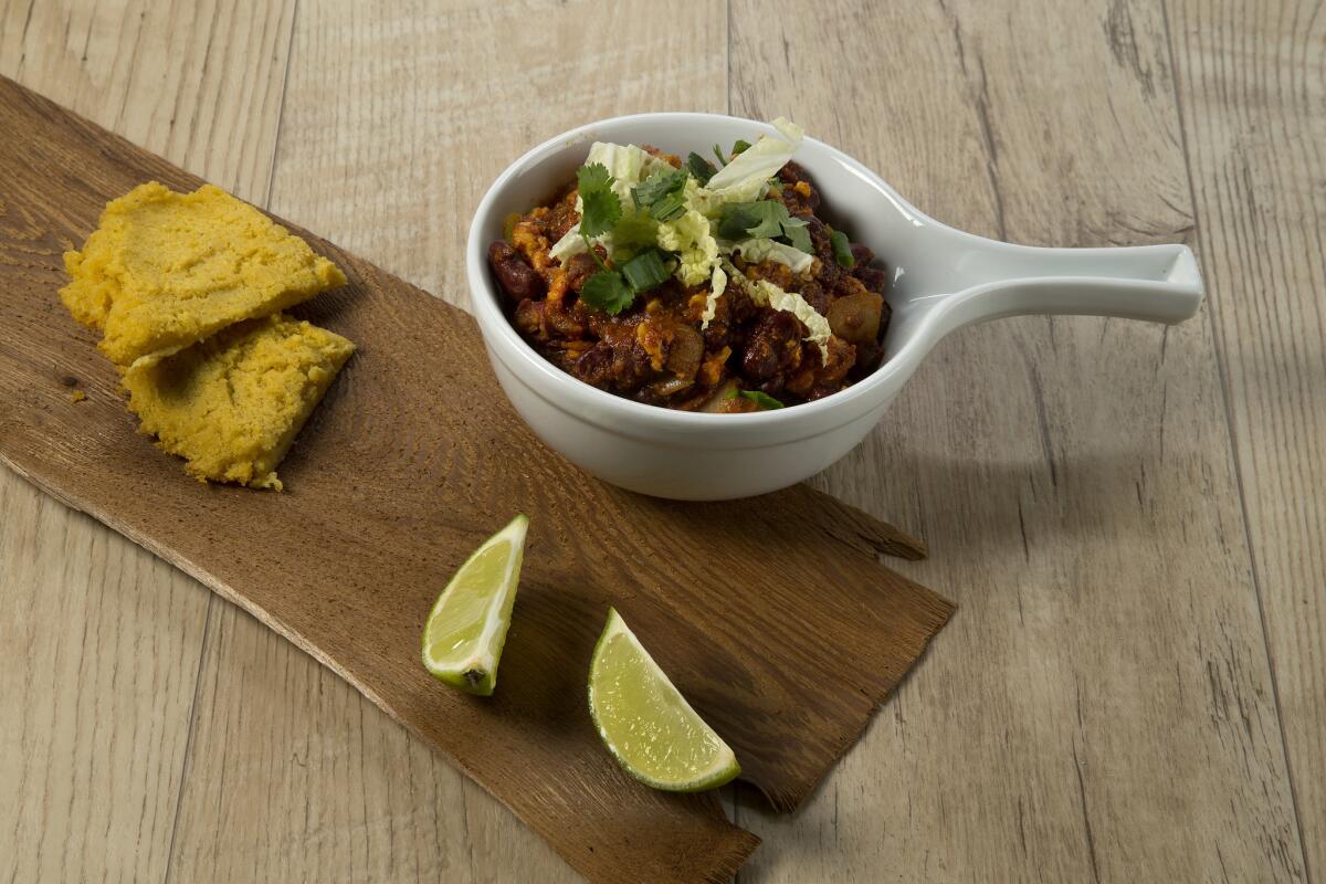 Chili non carne with Masa flatbread from Purple Carrot.