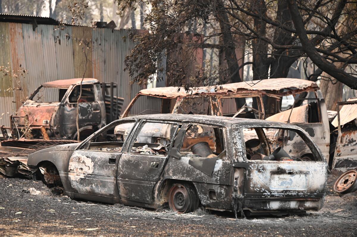 Vehicles destroyed by an Australian bushfire in New South Wales