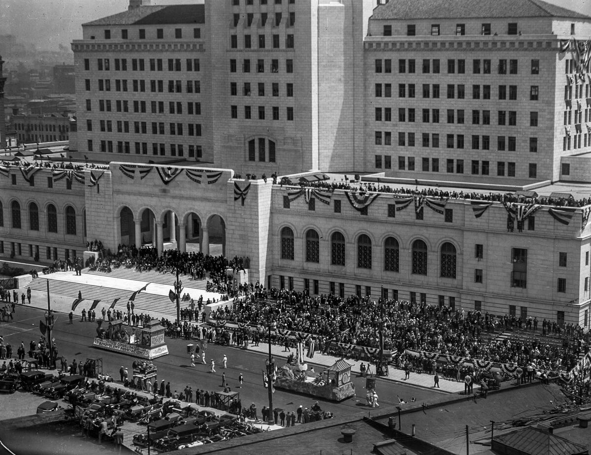 April 26, 1928: Parade on Spring Street for the dedication of the new Los Angeles City Hall.