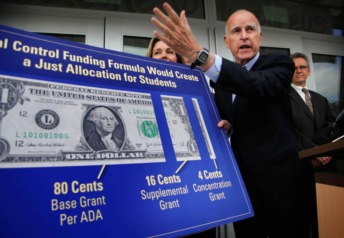 An L.A. coalition is set to rally and submit petitions Tuesday urging that needy students receive 80% of new dollars under the state's local school funding system. The new system, proposed by Gov. Jerry Brown and passed by the Legislature last year, will give districts extra dollars for students who are learning English, in foster care or from low-income families.