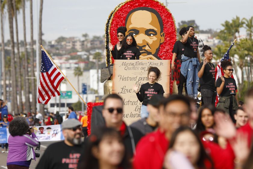 A float from San Diego State University makes its way down Harbor Blvd during the 40th Annual Martin Luther King Jr. Day Parade on Jan. 19, 2020.