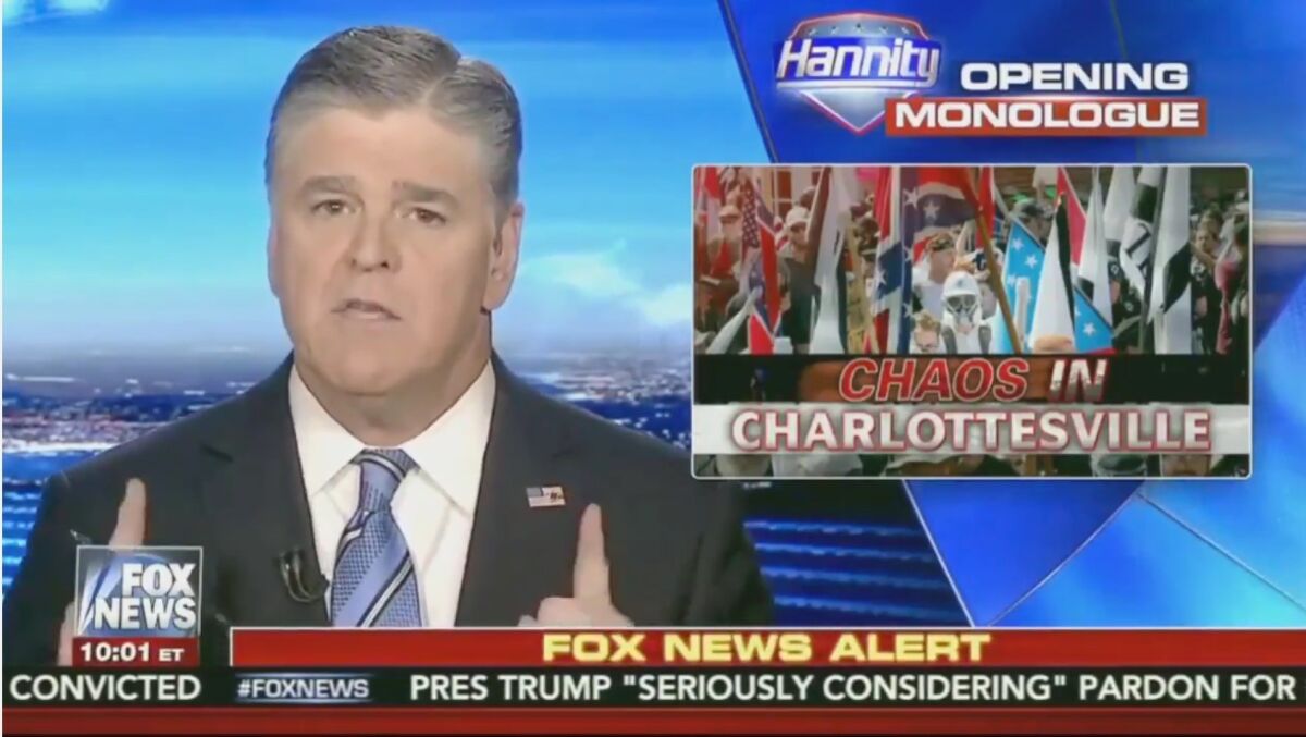 Sean Hannity is seen on Aug. 14, 2017, speaking about the events surrounding the deadly rally in Charlottesville, Va.