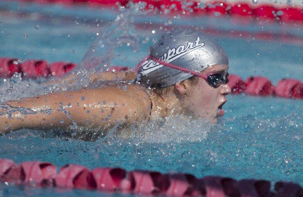 Newport Harbor High's Zoe Sptiz competes in the girls' 200-yard medley relay during a a Sunset League meet against Los Alamitos on Tuesday.