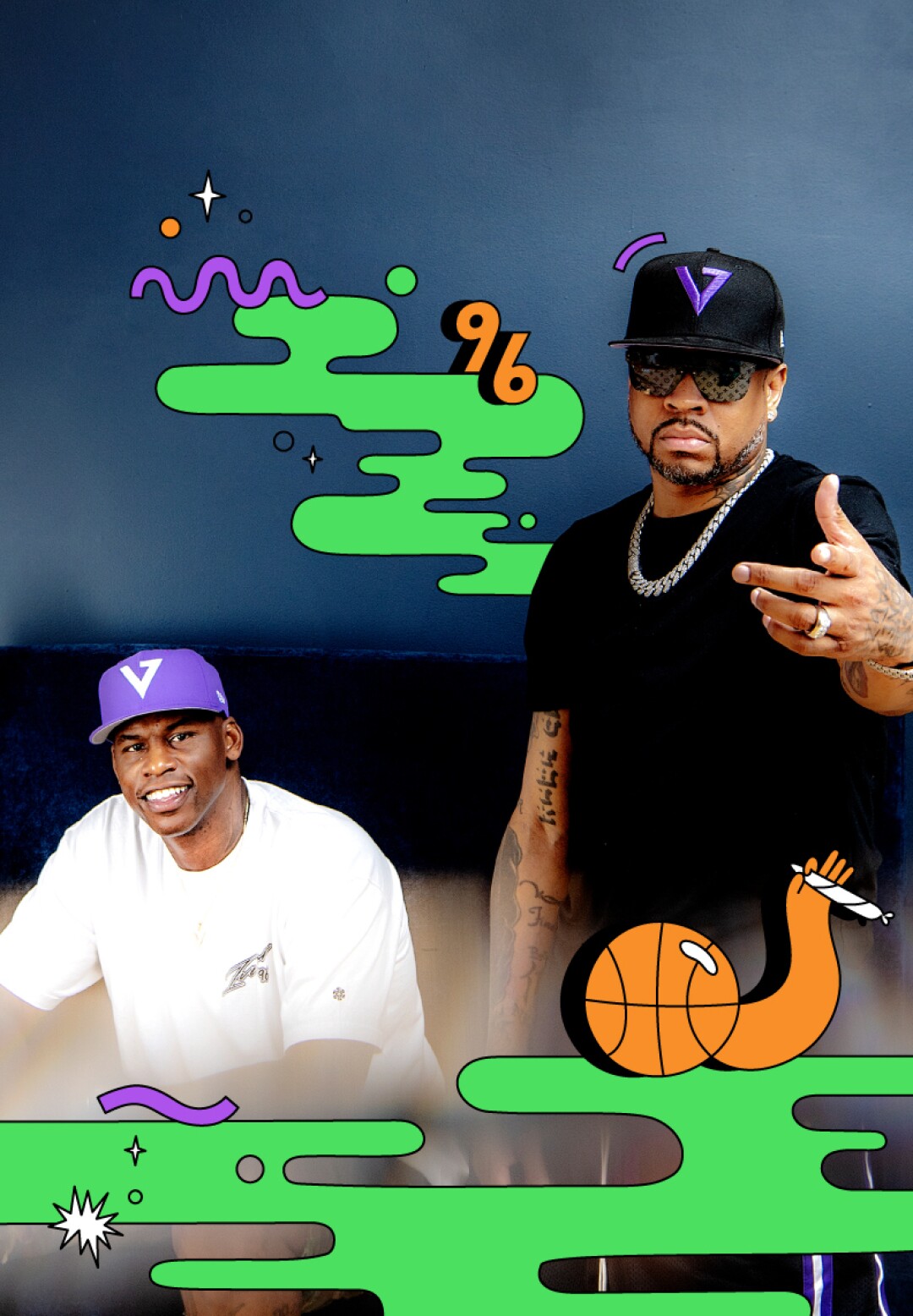Al Harrington and Allen Iverson next to each other with illustrations around them