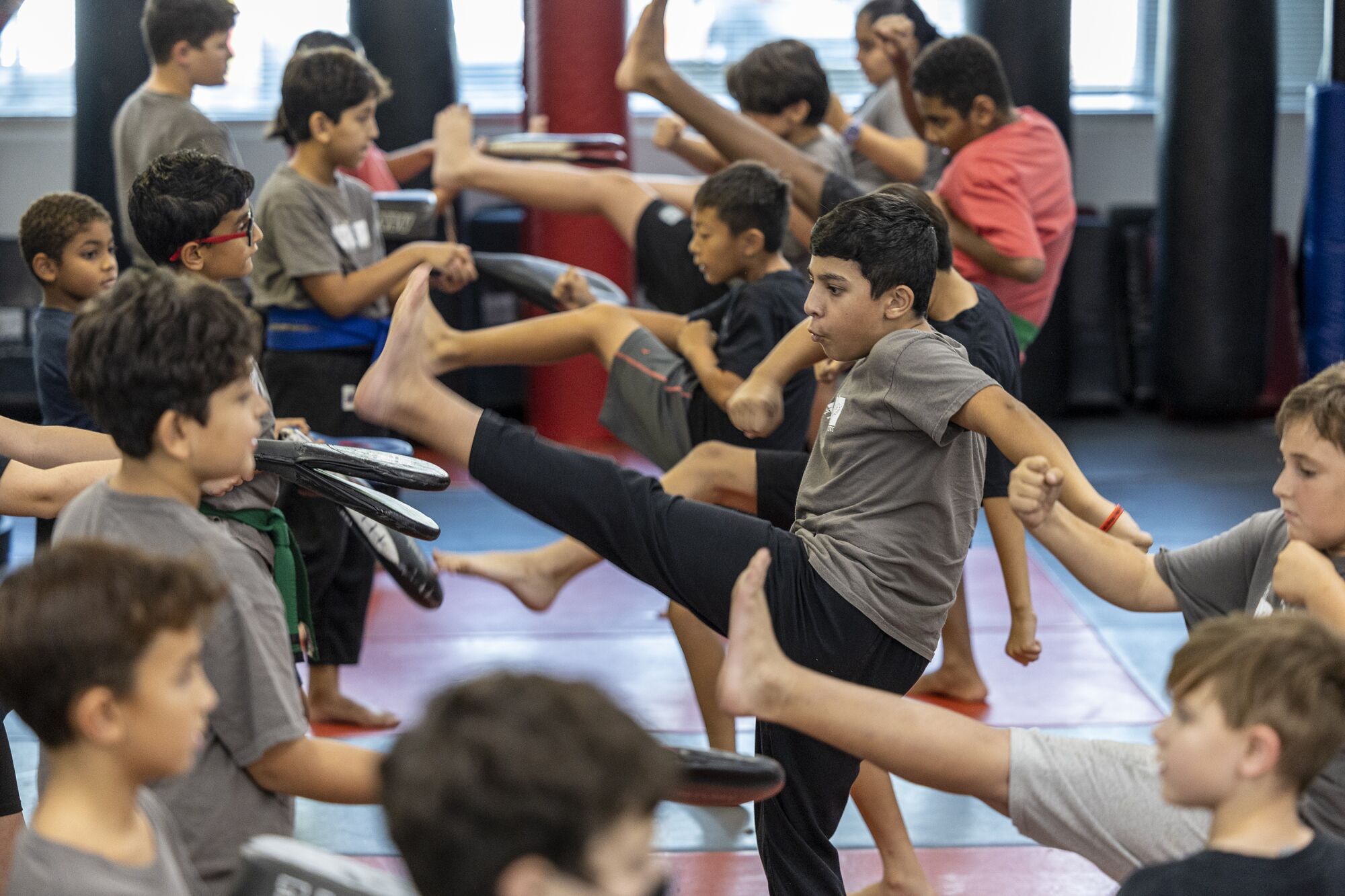 Children practice karate at the Team Karate Center in Woodland Hills.