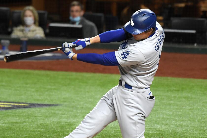 ARLINGTON, TEXAS OCTOBER 24, 2020-Dodgers Corey Seager hits a solo home run.