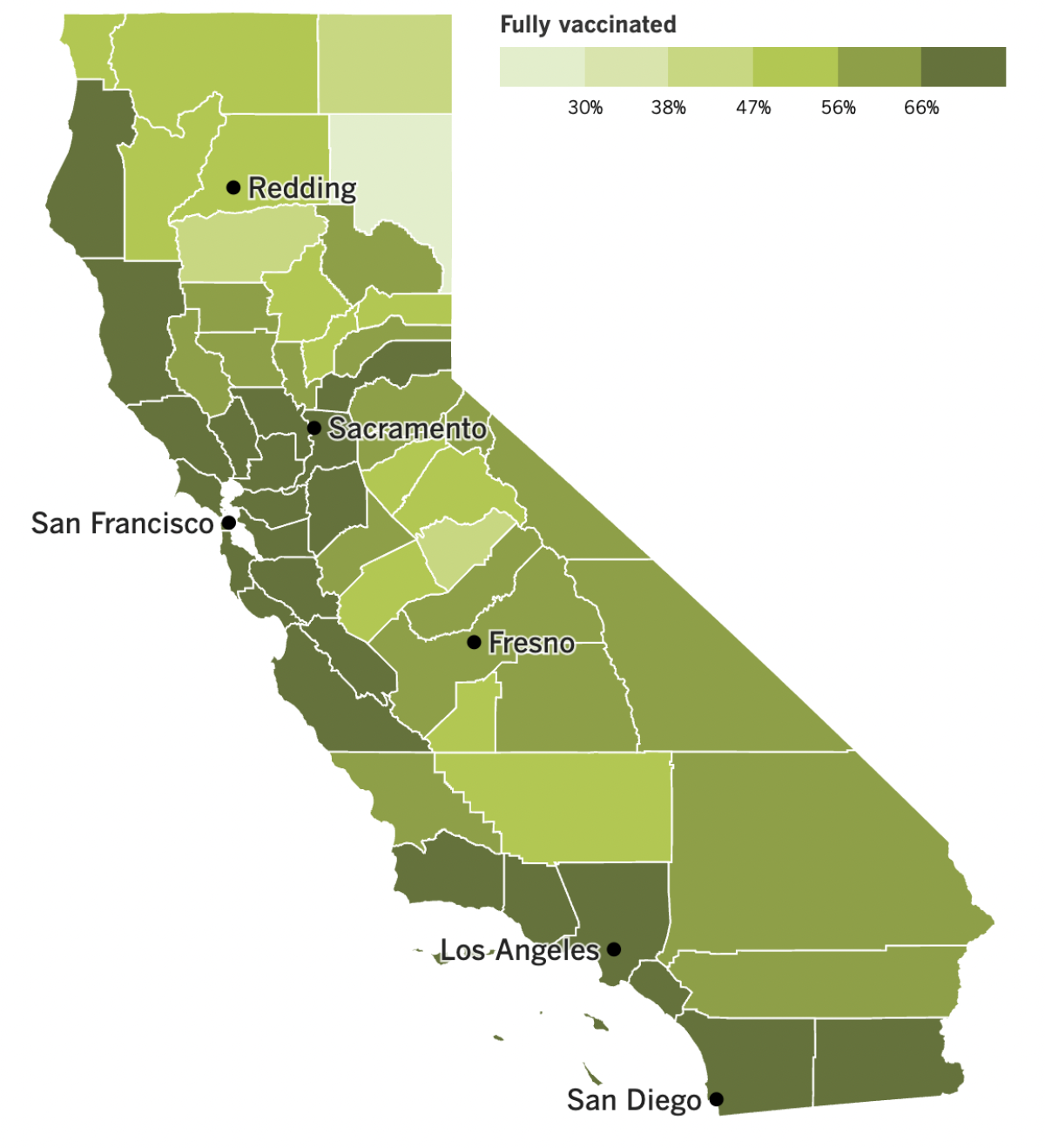A map showing California's COVID-19 vaccination progress by county as of Sept. 20, 2022.