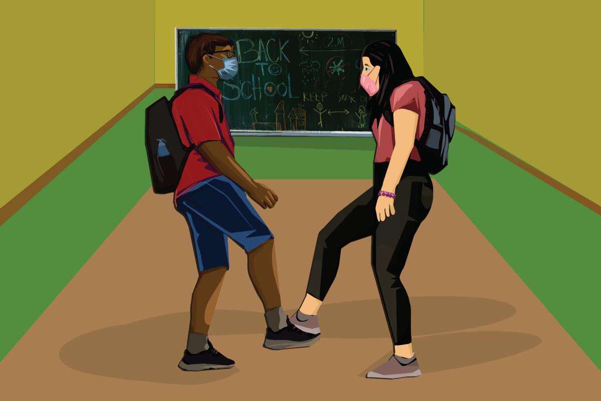 An illustration of teenagers in a school classroom wearing masks and foot tapping