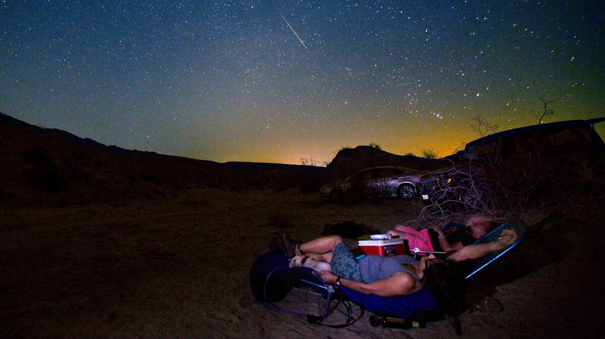 A Perseid meteor streaks through the starry sky above Anza Borrego Desert State Park. The Perseids are expected to peak Friday and Saturday.