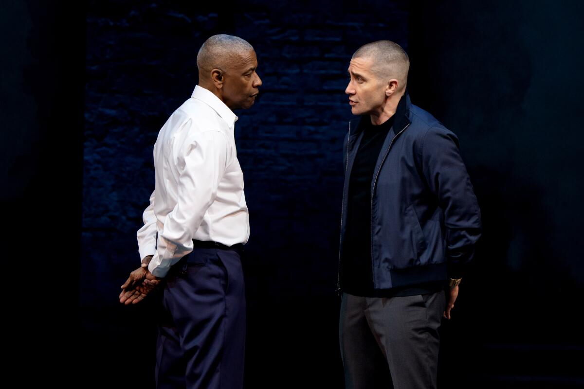 Denzel Washington and Jake Gyllenhaal successful modern shirts and slacks successful "Othello."