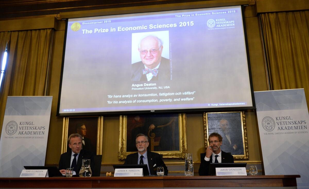 Officials from the Royal Swedish Academy of Sciences announce Angus Deaton, a Princeton economics professor, as the winner of the 2015 Nobel prize in economics.
