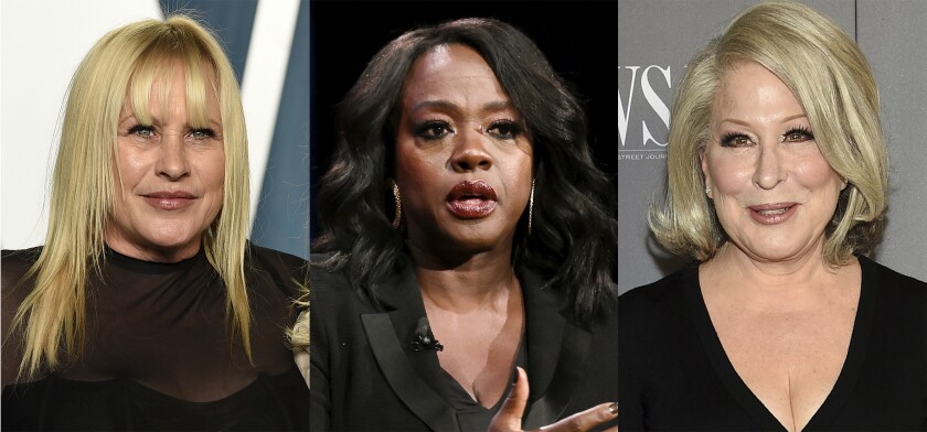 This combination of photos shows actor Patricia Arquette at the Vanity Fair Oscar Party in Beverly Hills, Calif., on March 27, 2022, left, actor Viola Davis promoting her book "Finding Me" in New York on April 27, 2022, center, and actor-singer Bette Midler at the WSJ. Magazine 2019 Innovator Awards in New York on Nov. 6, 2019. Arquette, Davis and Midler are among the many celebrities speaking out about the Supreme Court's 5-3 decision overturning Roe v. Wade. (Photos by Evan Agostini/Invision/AP)