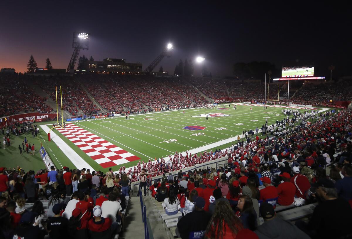 The Bulldog Stadium is seen during the Fresno State versus Utah State game in Fresno.