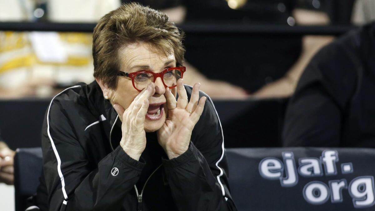 Billie Jean King instructs her team during a World TeamTennis exhibition on Oct. 10, 2016.