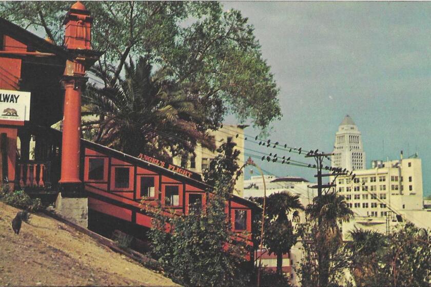 A postcard from the 1960s shows Angels Flight in operation with City Hall in the background.