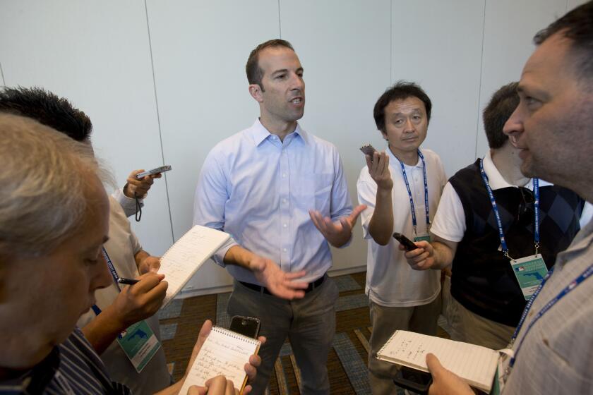 Angels General Manager Billy Eppler speaks to the media at the baseball general managers' meetings in Boca Raton, Fla., on Nov. 11.